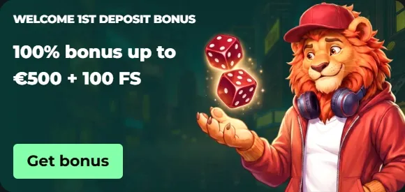MySpinGo Casino 1st deposit bonus 100% up to €500 + 100 FS with lion mascot