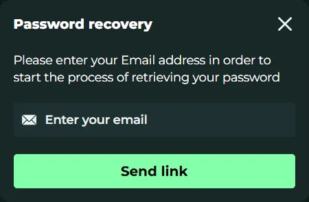 MySpinGo Casino password recovery page with email input and send link button