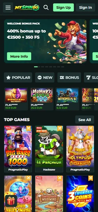 MySpinGo mobile lobby with popular and top slot games displayed