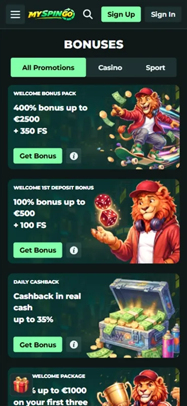 MySpinGo mobile screen showing bonuses: welcome bonus pack, 1st deposit bonus, daily cashback