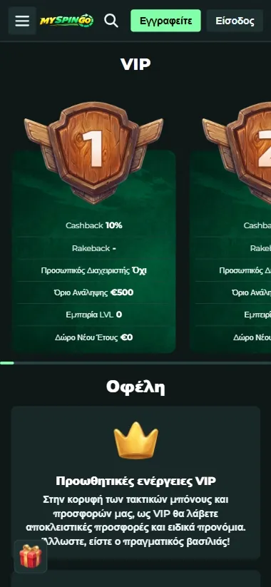 MySpinGo Casino VIP section screenshot showing tiered benefits and promotions