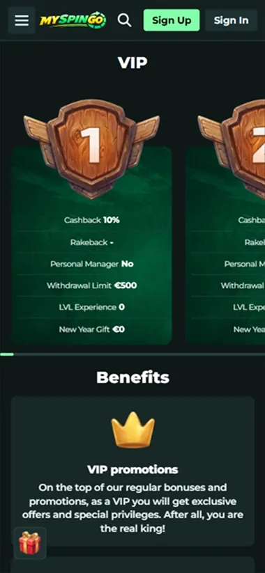 MySpinGo Casino VIP program details with cashback and personal manager benefits