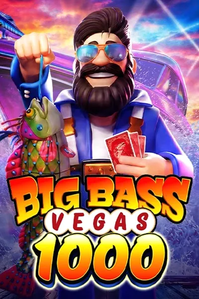 Big Bass Vegas 1000 slot game with fisherman holding a fish and cards