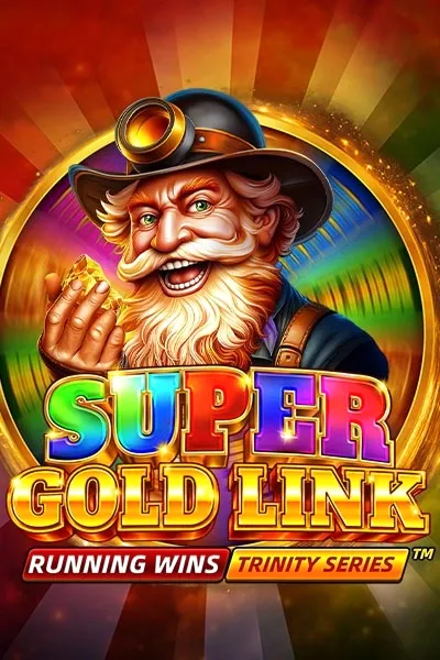 Super Gold Link slot game with smiling miner holding gold nuggets