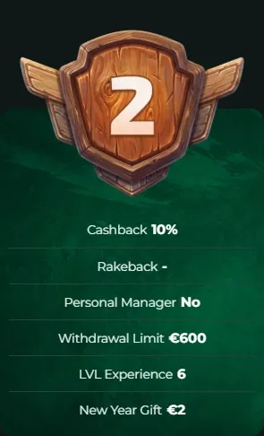 MySpinGo Casino level 2 with 10% cashback and €600 withdrawal limit